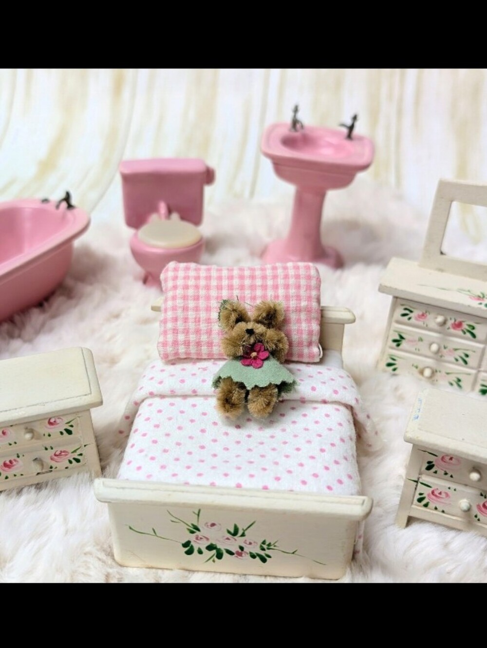 Vintage Doll House Furniture 15 Piece White Pink Floral